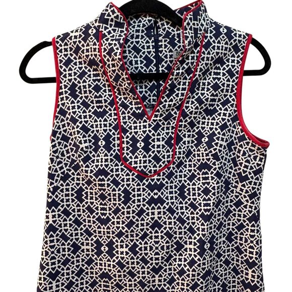 Eliza J Dress Womens 4 Blue Geometric Sleeveless Collared Shift Red Trim Knit - Picture 3 of 6
